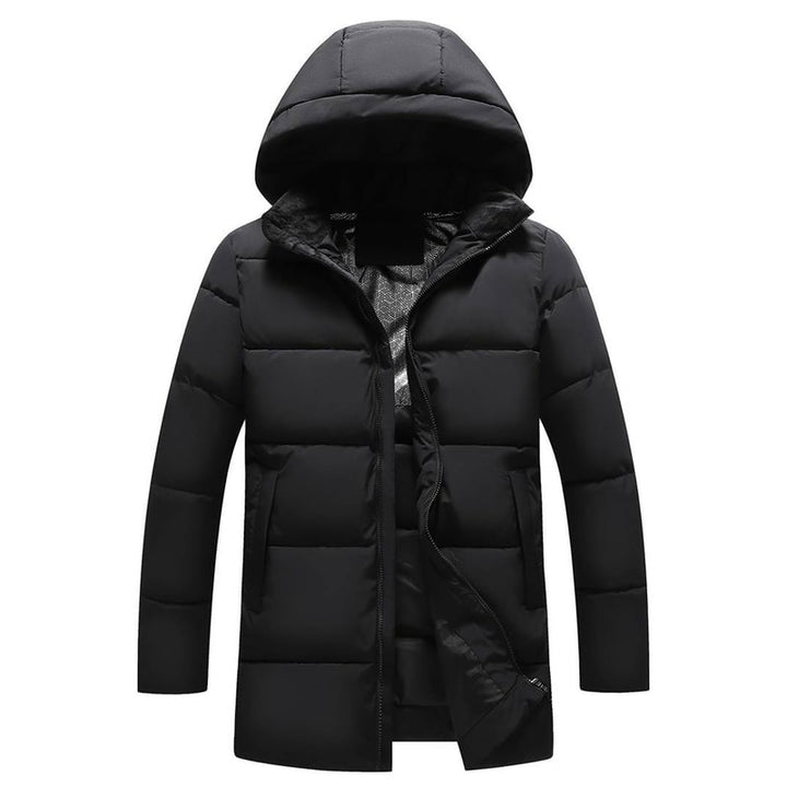 Giacca puffer lunga da uomo con cappuccio, calda e trapuntata, perfetta per l'inverno e la moda urbana.