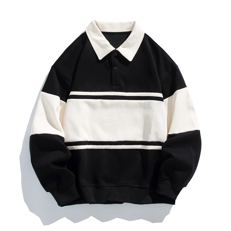 Maglia uomo casual, tipo polo, maniche lunghe con striscia distintiva e polsini a coste per comfort.