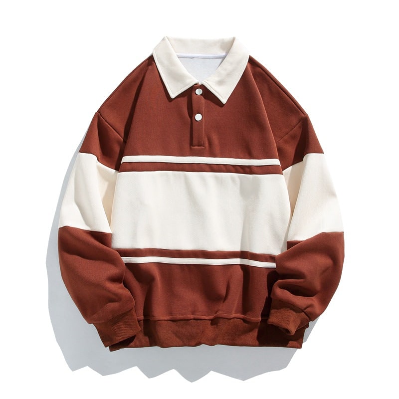 Moda maschile: felpa polo a maniche lunghe, design con striscia sul petto. Stile sportivo e vintage.