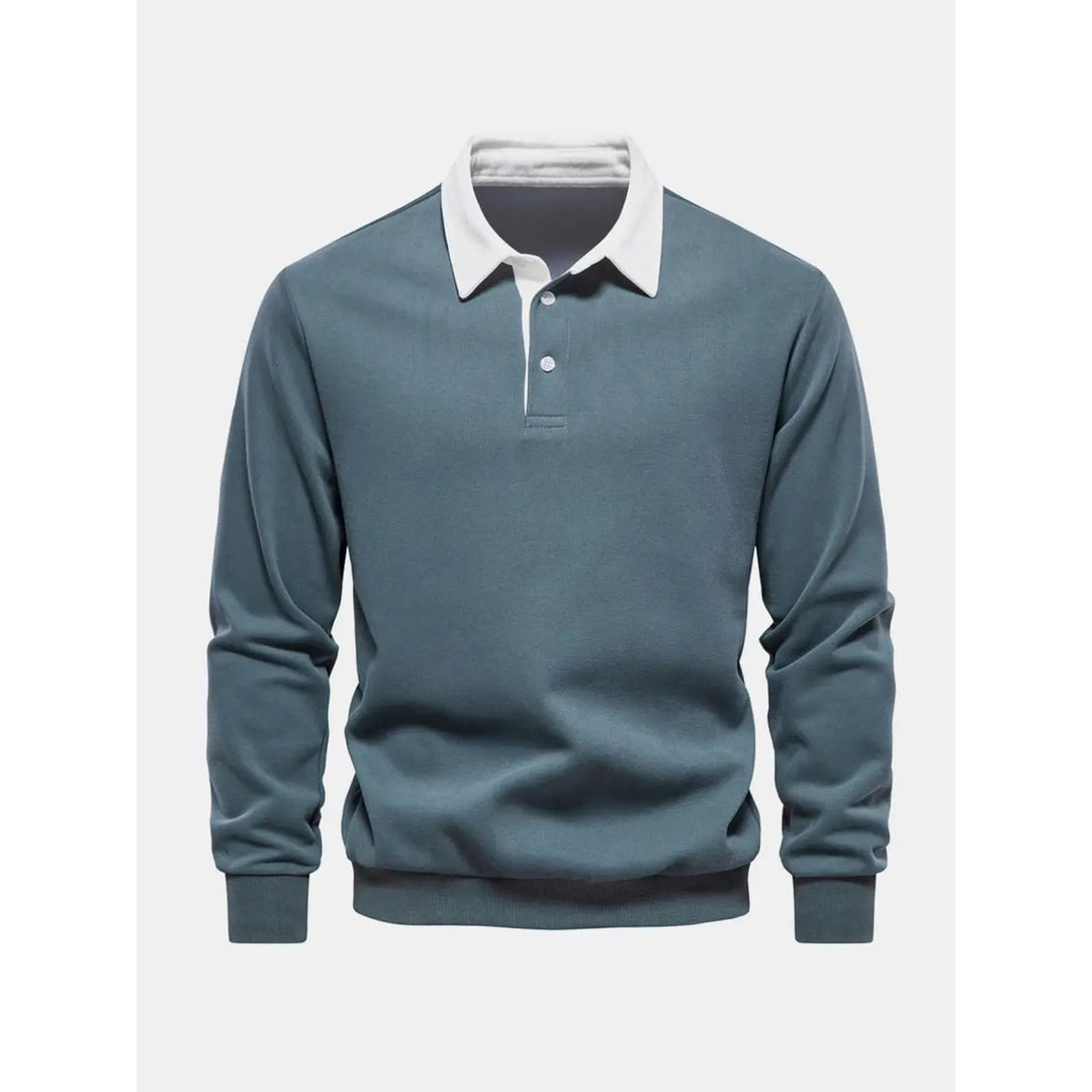 Moda uomo: felpa polo a manica lunga, collo e abbottonatura a contrasto, vestibilità regolare e comfort.