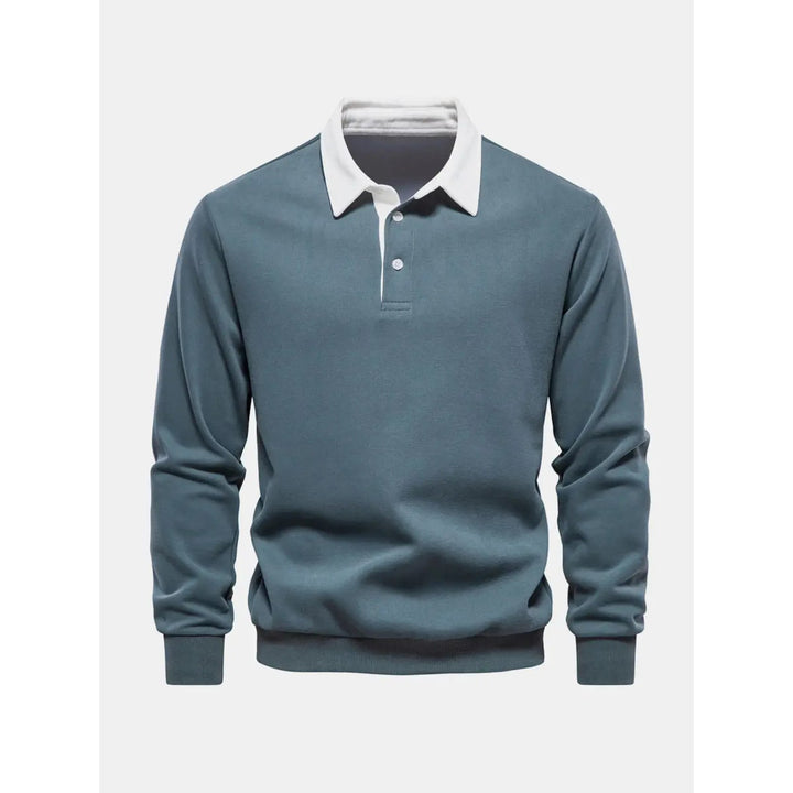 Moda uomo: felpa polo a manica lunga, collo e abbottonatura a contrasto, vestibilità regolare e comfort.