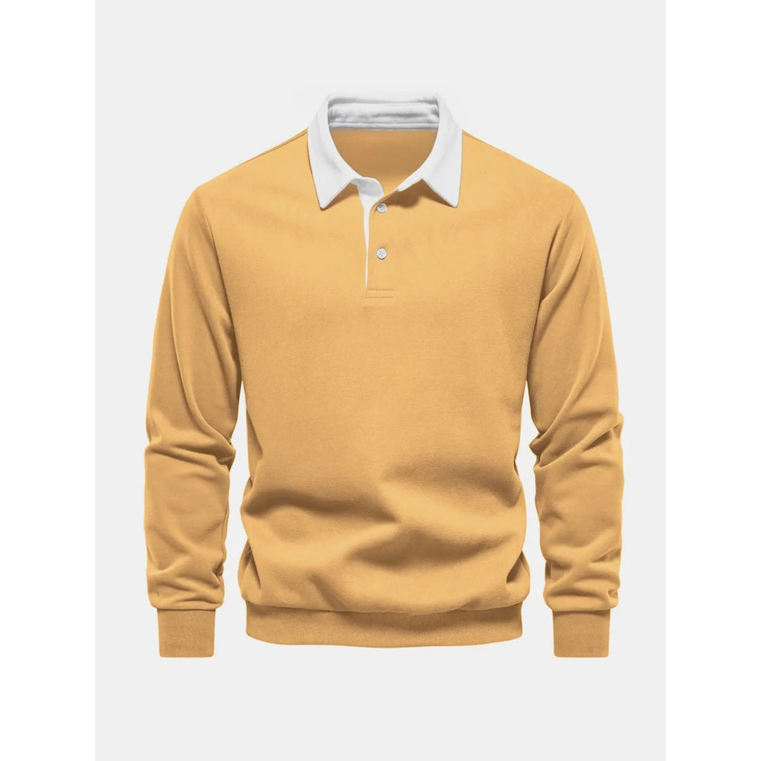 Pullover uomo alla moda, felpa polo a manica lunga con collo e abbottonatura a contrasto, elegante.