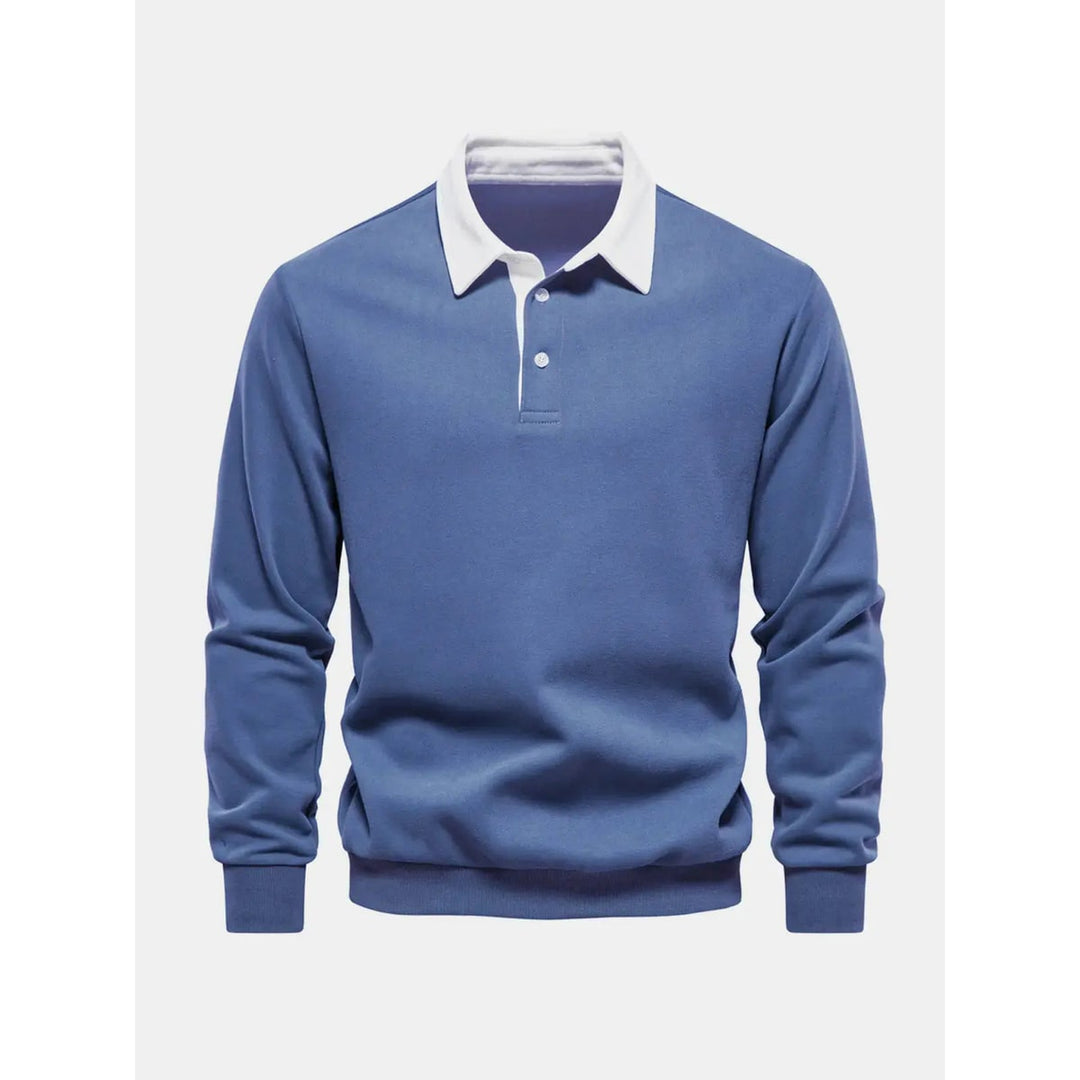 Felpa uomo elegante con collo a contrasto, polo a manica lunga per abbigliamento smart-casual maschile.