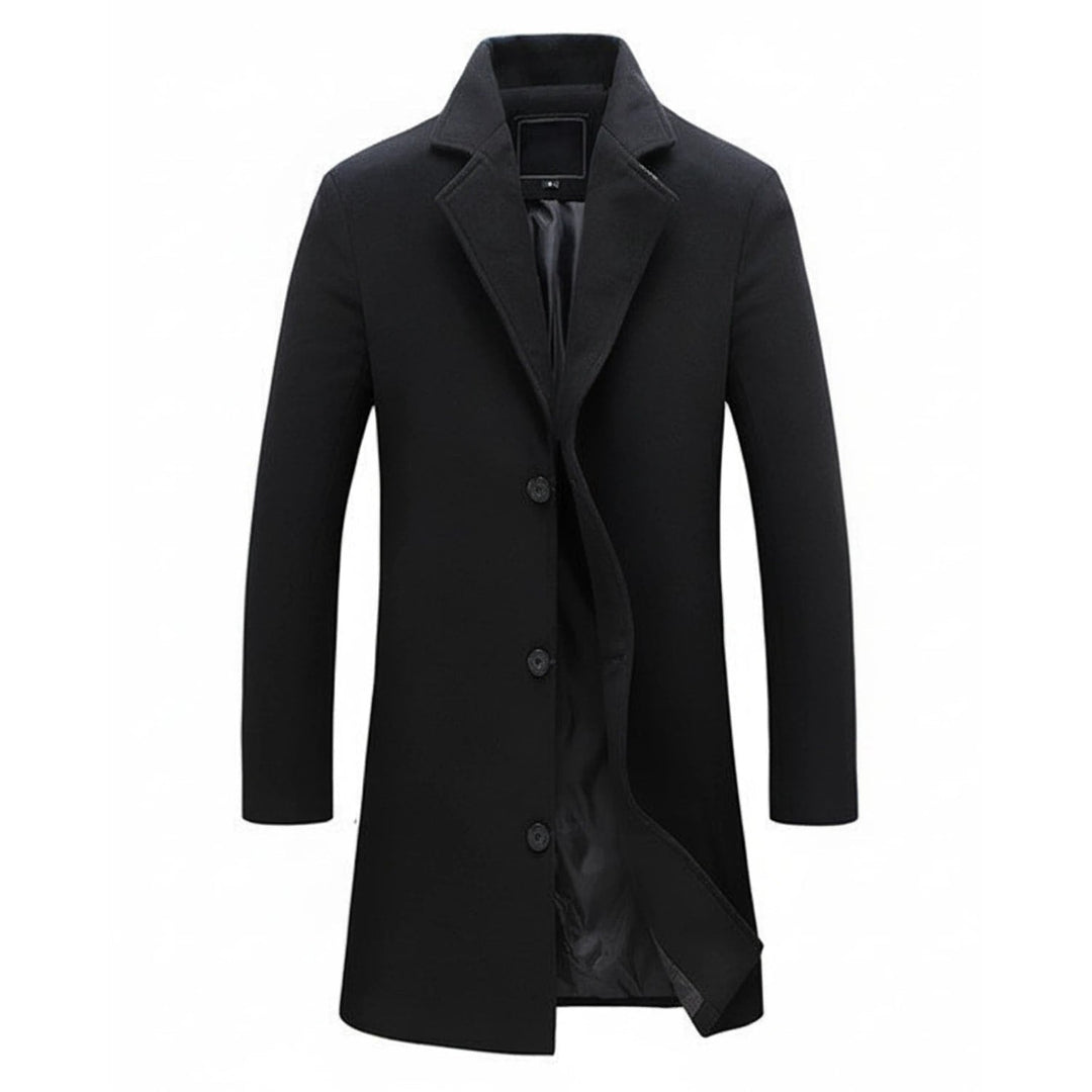 Cappotto lungo monopetto da uomo elegante con revers a tacca, ideale per l'inverno. Moda uomo formale.