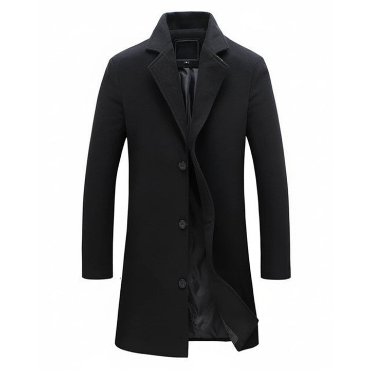 Cappotto lungo monopetto da uomo elegante con revers a tacca, ideale per l'inverno. Moda uomo formale.
