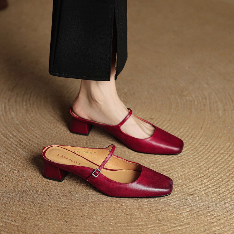 Mules Mary Jane uomo eleganti nere con tacco grosso, punta quadrata e fibbia argento.