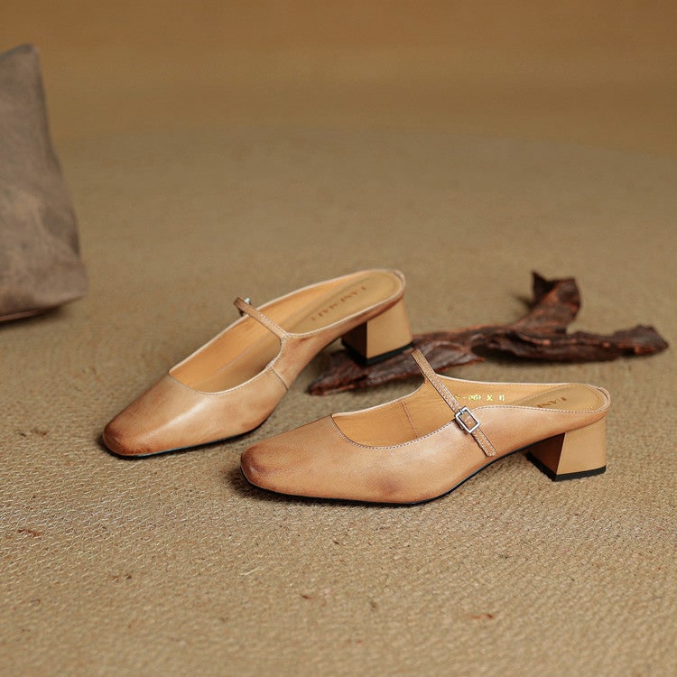 Scarpe uomo slip-on eleganti, Mary Jane con fibbia, tacco grosso e punta quadrata.