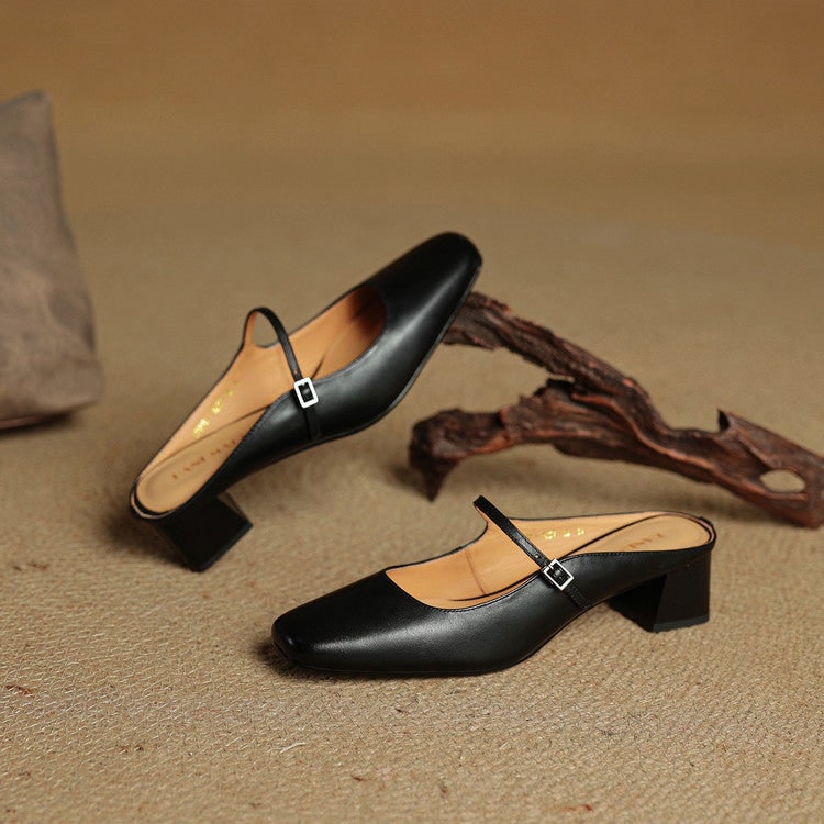 Mary Jane mules nere uomo, tacco grosso, punta quadrata, perfette per eventi eleganti.