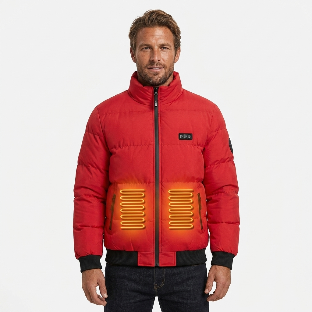 Piumino riscaldato uomo compatto con collo alto e zip, ideale per l'inverno e il freddo esterno.