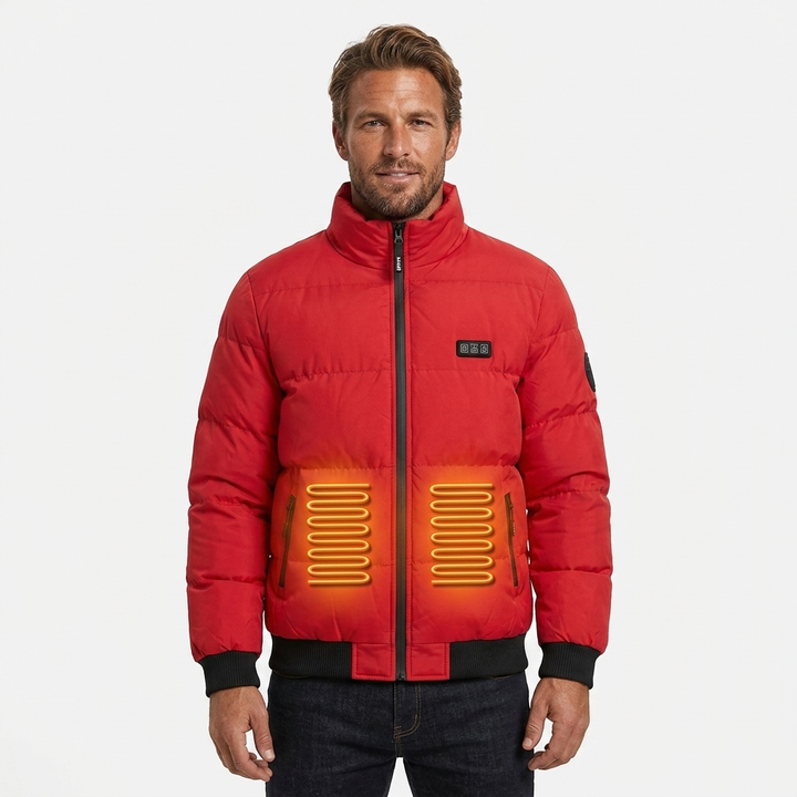 Piumino riscaldato uomo compatto con collo alto e zip, ideale per l'inverno e il freddo esterno.