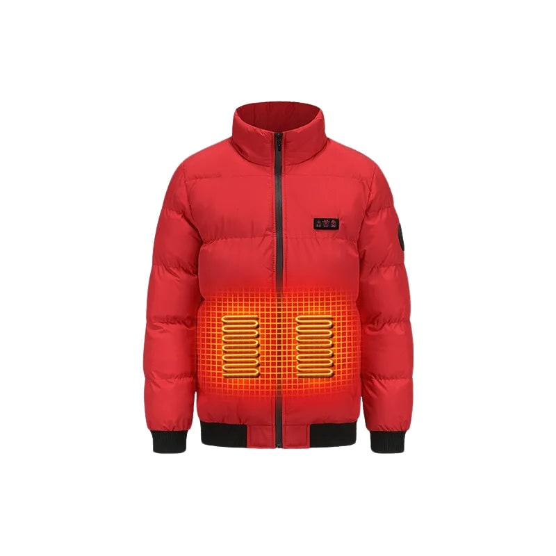 Piumino invernale riscaldato da uomo, offre calore termico con collo alto e zip per affrontare il freddo esterno.