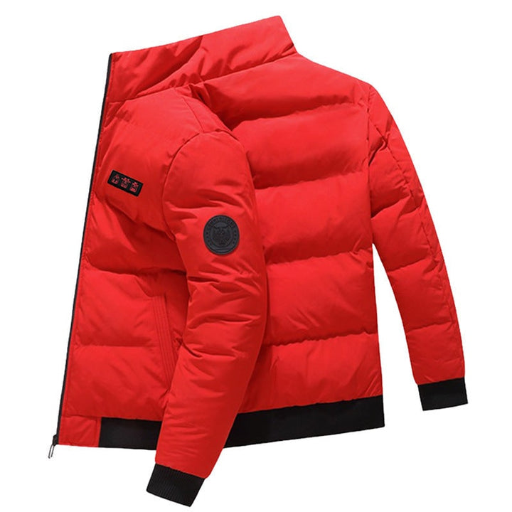 Giacca piumino riscaldata uomo con zip integrale e collo alto, per protezione dal freddo invernale e comfort termico.