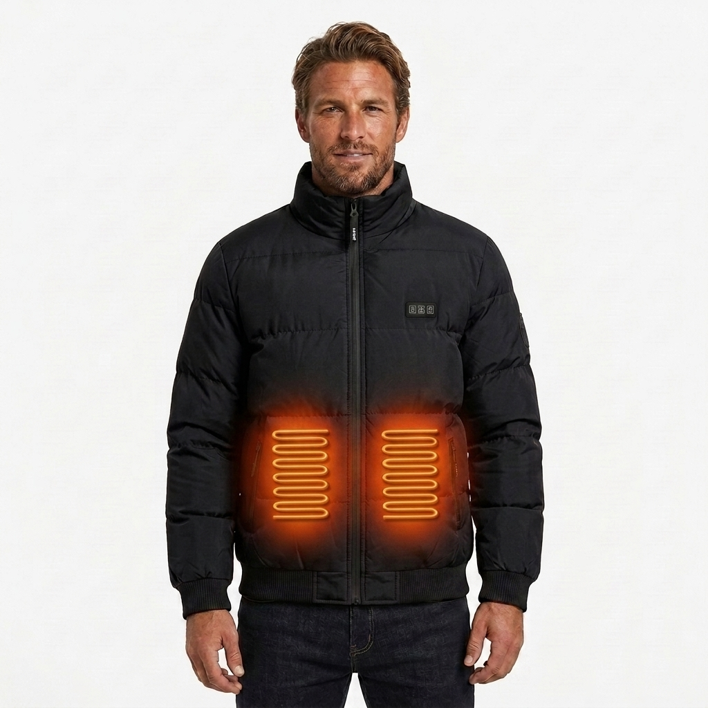 Piumino riscaldato uomo per attività esterne, compatto, termico, con collo alto e zip, ottimo contro il freddo invernale.