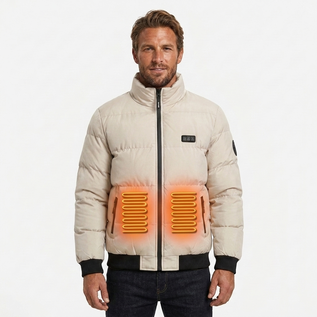 Piumino uomo riscaldato, compatto, con collo alto e zip. Perfetto per l'inverno e il freddo esterno, comfort termico.