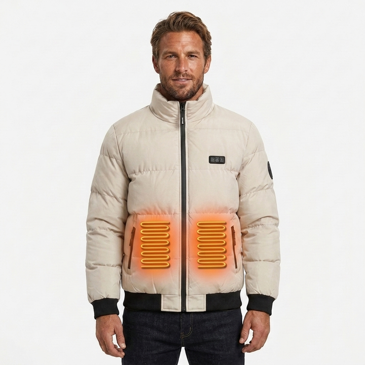 Piumino uomo riscaldato, compatto, con collo alto e zip. Perfetto per l'inverno e il freddo esterno, comfort termico.