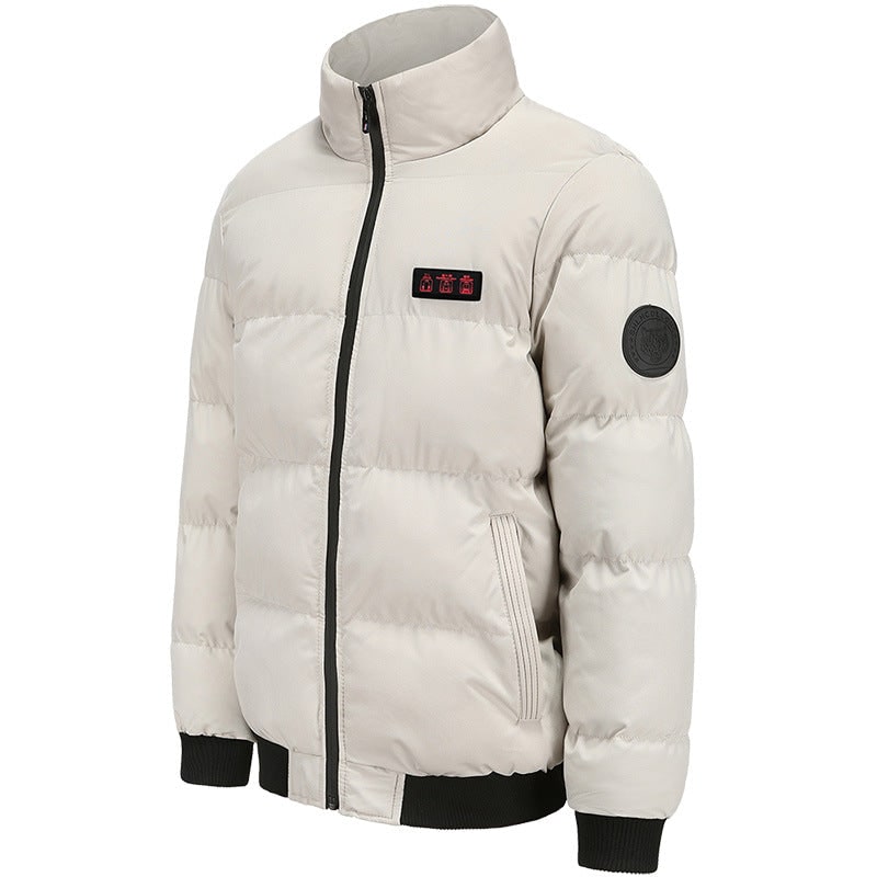 Giacca piumino riscaldata uomo invernale, versatile, con collo alto e zip. Ottima per affrontare freddo esterno e casual.