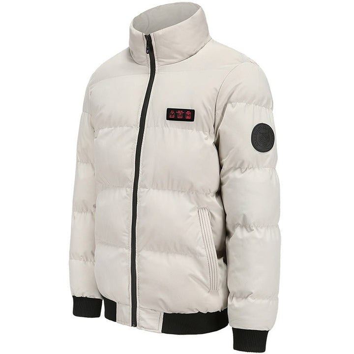 Giacca piumino riscaldata uomo invernale, versatile, con collo alto e zip. Ottima per affrontare freddo esterno e casual.