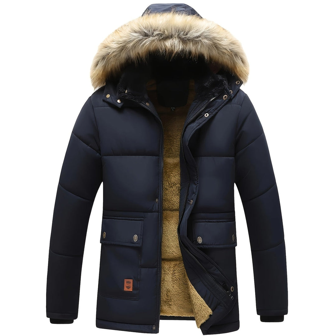 Giacca puffer uomo invernale trapuntata blu navy con cappuccio e pelliccia sintetica, calda e antivento.
