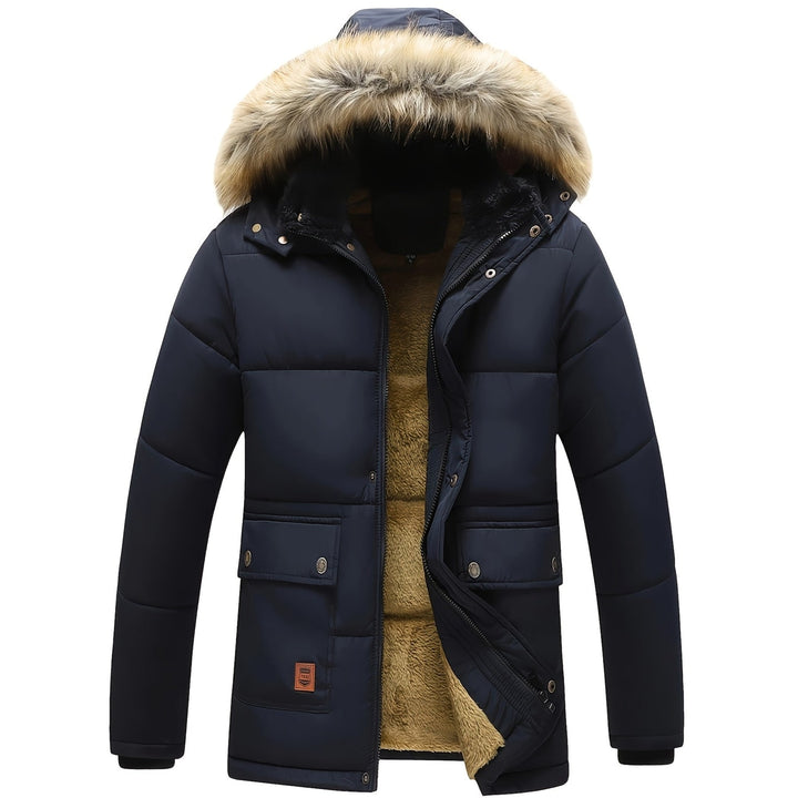 Giacca puffer uomo invernale trapuntata blu navy con cappuccio e pelliccia sintetica, calda e antivento.