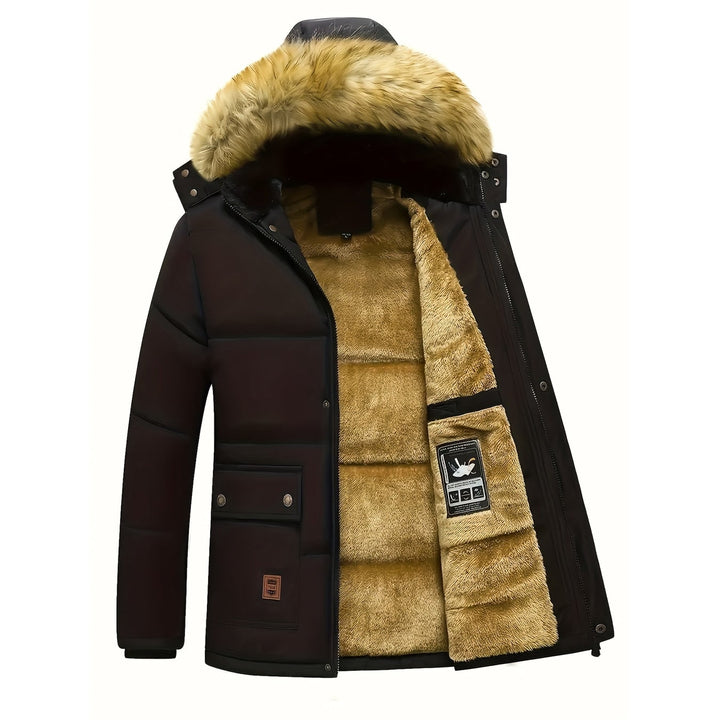 Giacca uomo trapuntata nera, puffer invernale casual con cappuccio in pelliccia sintetica, calda e resistente.