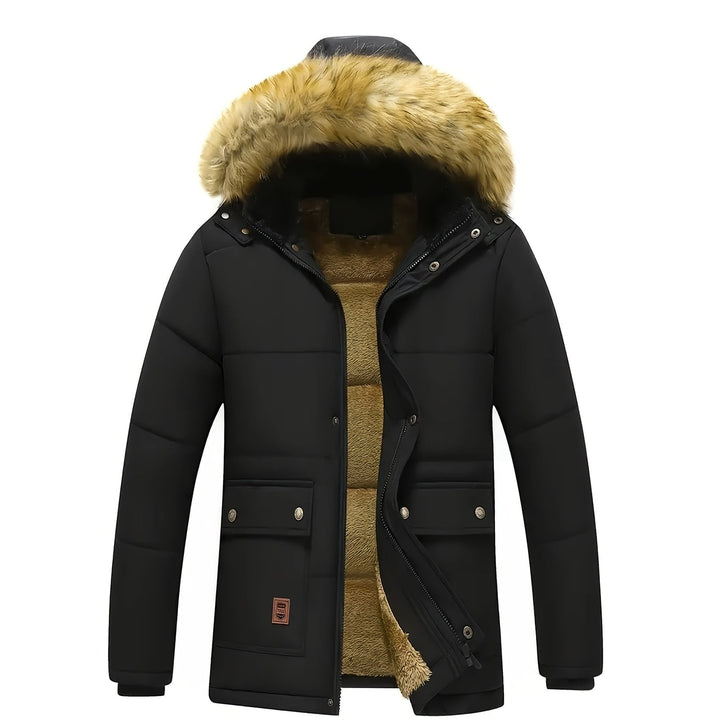 Calda giacca puffer uomo invernale trapuntata con cappuccio in pelliccia sintetica, antivento per il freddo.