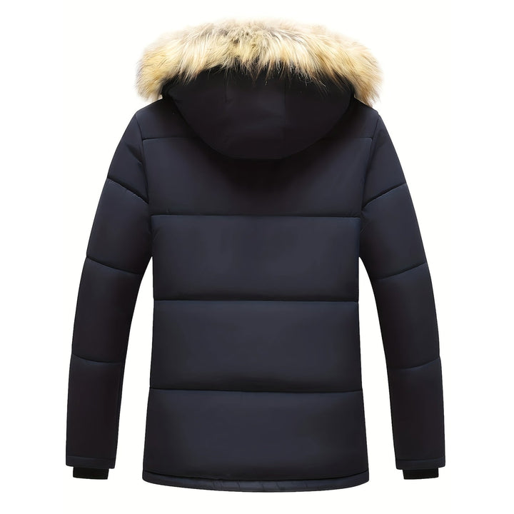 Elegante giacca uomo puffer blu navy, trapuntata invernale con cappuccio bordato in pelliccia sintetica.