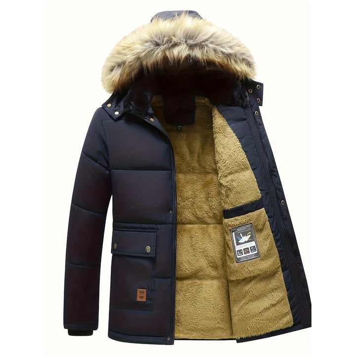 Giacca puffer casual da uomo, trapuntata invernale blu navy con cappuccio e pelliccia sintetica, resistente.
