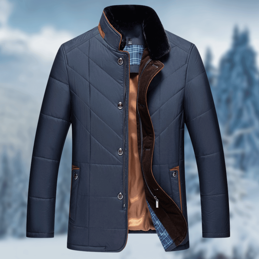 Giacca puffer uomo trapuntata nera con collo in pelliccia sintetica, ideale per l'inverno e lo stile urbano.