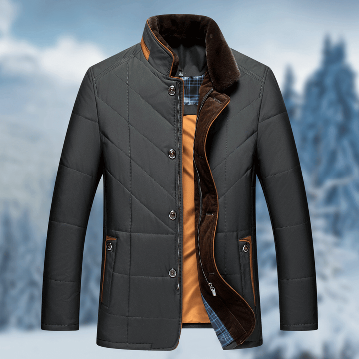 Calda giacca puffer uomo invernale trapuntata, con elegante collo in pelliccia sintetica per protezione dal freddo.