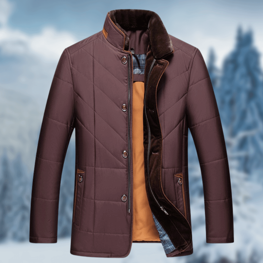 Giacca uomo puffer trapuntata stile casual con collo in pelliccia sintetica, perfetta per l'autunno e l'eleganza urbana.