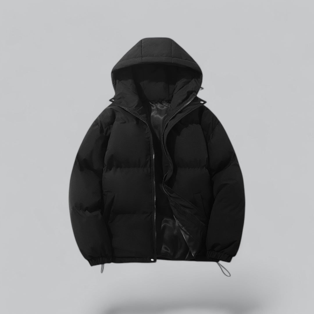 Giacca puffer trapuntata da uomo con cappuccio e coulisse, ideale per l'inverno casual.
