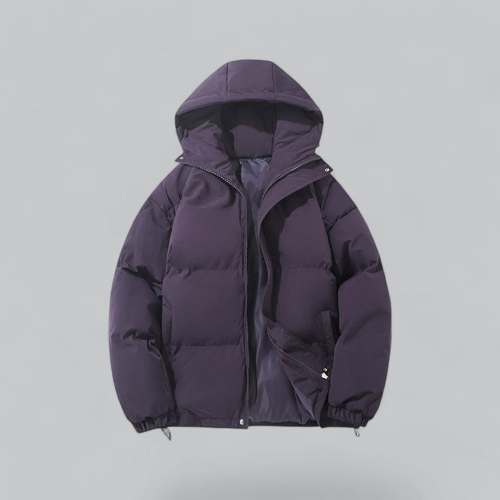 Giacca uomo con cappuccio, design puffer trapuntato, perfetta per il freddo, stile casual moderno.