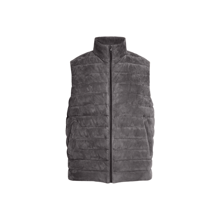 Gilet da uomo grigio con collo alto, essenziale per un abbigliamento maschile elegante e confortevole.