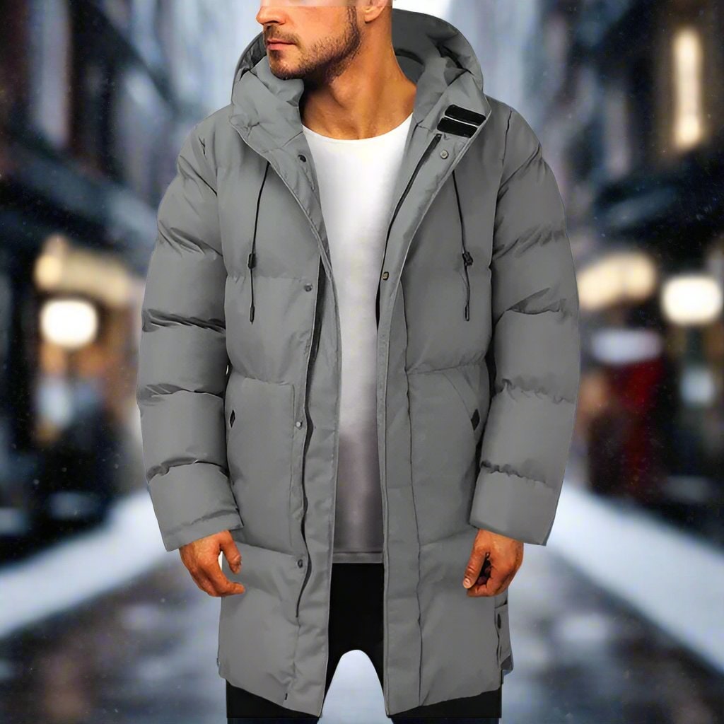 Cappotto invernale uomo puffer trapuntato con cappuccio regolabile. Giacca calda per il freddo.