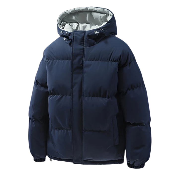 Giacca puffer invernale uomo con cappuccio, colore nero, per massimo calore e stile casual.