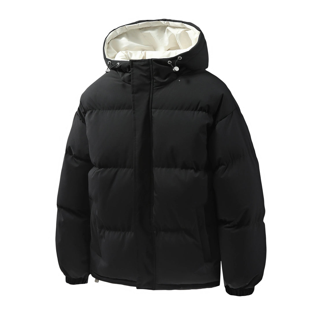 Giacca invernale da uomo in tessuto tecnico, puffer con cappuccio, offre calore e resistenza per l'inverno.