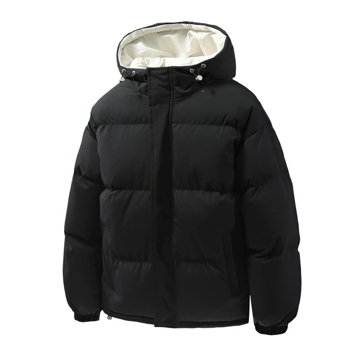 Giacca invernale da uomo in tessuto tecnico, puffer con cappuccio, offre calore e resistenza per l'inverno.