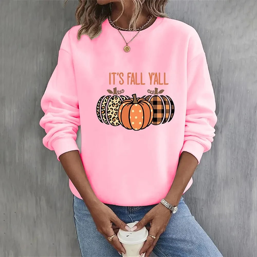 Felpa da donna girocollo per Halloween, con stampa zucca arancione. Perfetta per comfort autunnale e look festivo.
