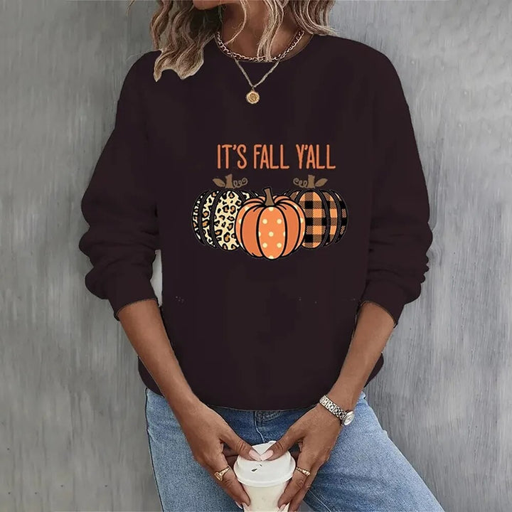 Felpa casual da donna con stampa zucca autunnale, maniche lunghe. Perfetta per look Halloween e comfort.
