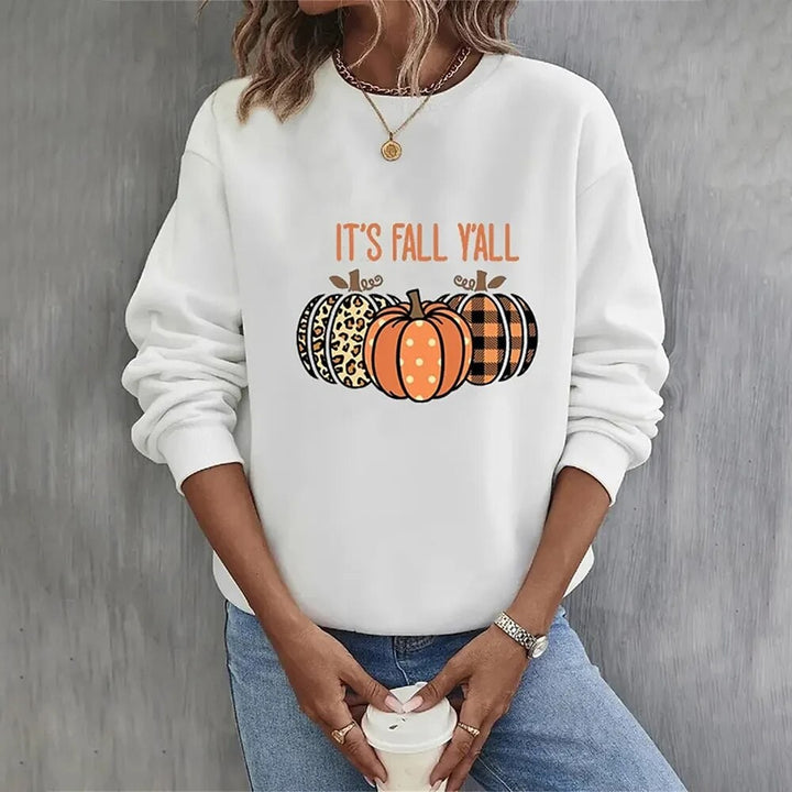 Felpa donna a maniche lunghe con stampa zucca di Halloween, ideale per abbigliamento casual e festivo autunnale.