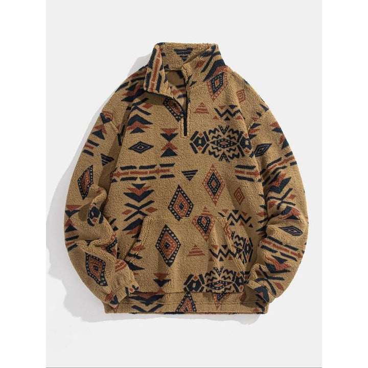 Pullover uomo caldo con zip e stampa geometrica. Comoda felpa casual per autunno/inverno.