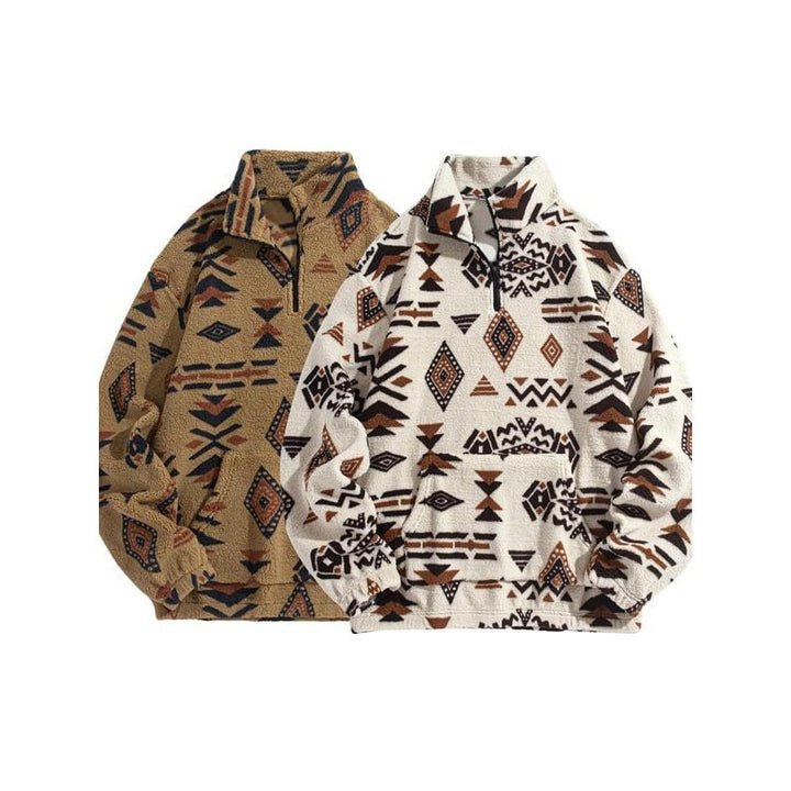 Pullover uomo con zip e fantasia geometrica. Caldo e comodo, ideale per stile casual autunno/inverno.