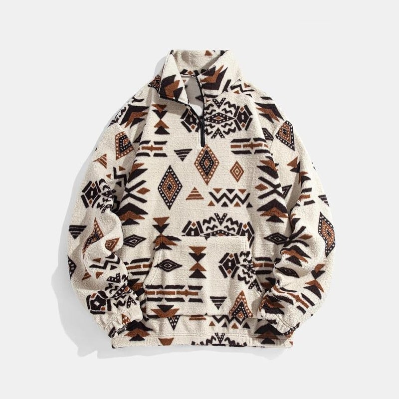 Elegante pullover uomo con zip. Felpa calda e comoda con stampa geometrica, look casual autunno/inverno.