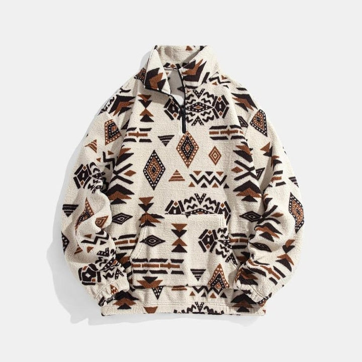 Elegante pullover uomo con zip. Felpa calda e comoda con stampa geometrica, look casual autunno/inverno.