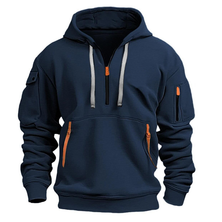 Felpa con cappuccio uomo nera con zip frontale e tasche laterali, ideale per comfort e stile casual.