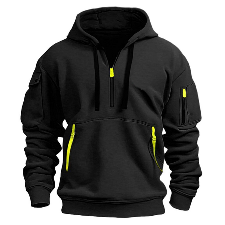 Comoda felpa con cappuccio da uomo blu navy, zip intera e tasche per abbigliamento casual autunnale.
