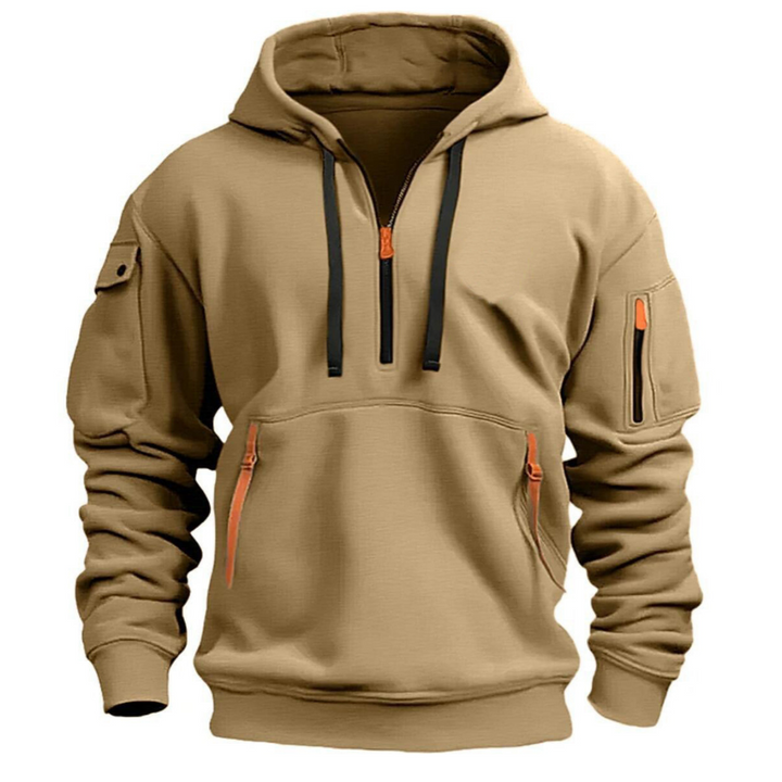 Felpa sportiva uomo con cappuccio e zip, color verde militare, per un look dinamico e versatile.