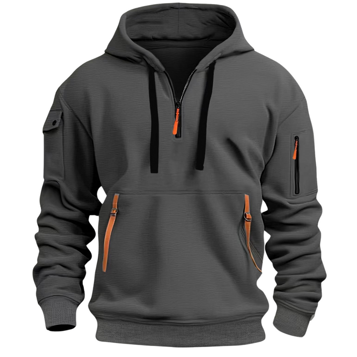 Felpa con zip uomo bordeaux, cappuccio e tasche, perfetta come strato intermedio per comfort quotidiano.