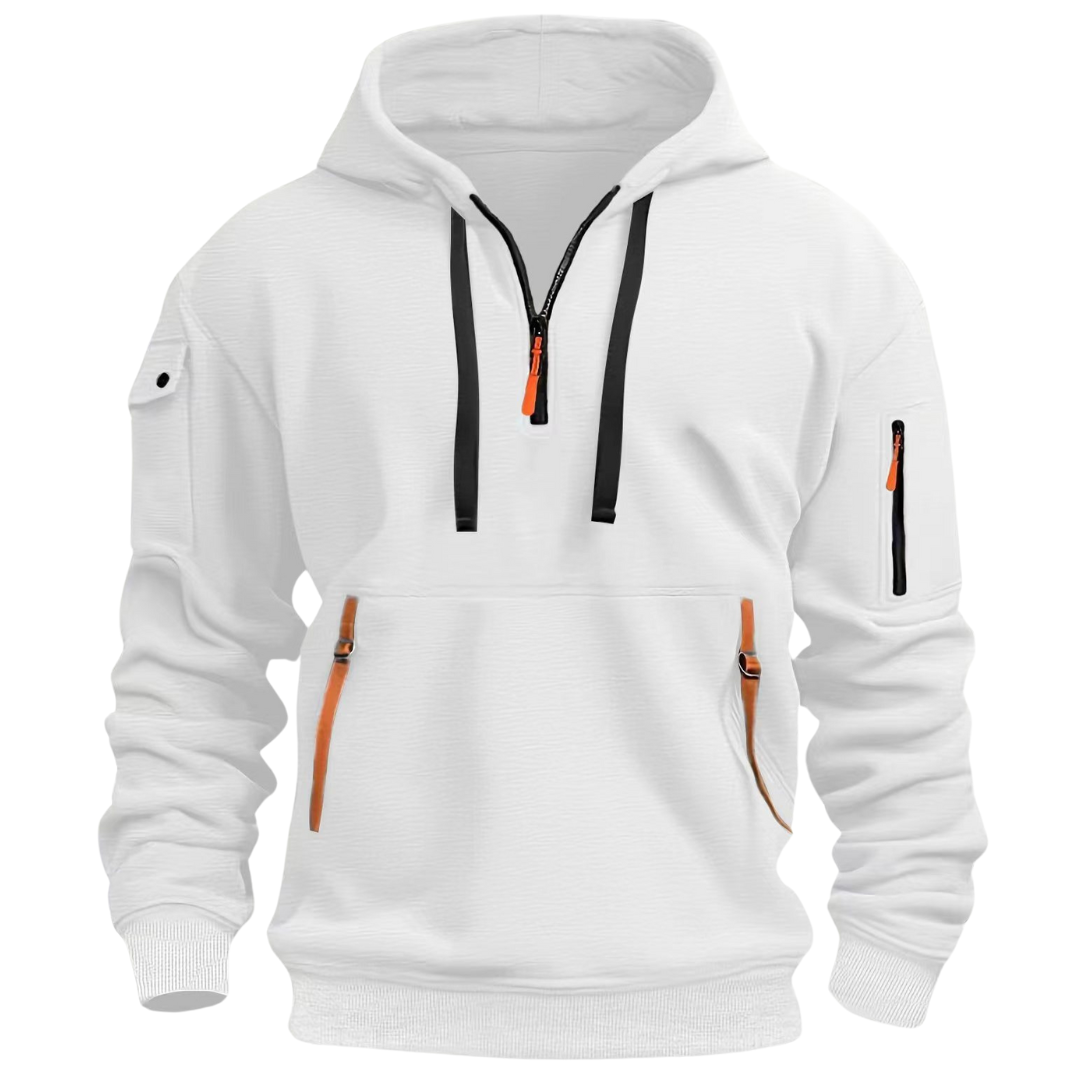 Felpa uomo con cappuccio, zip robusta e tasche funzionali, perfetta per comfort e stile in ogni stagione.