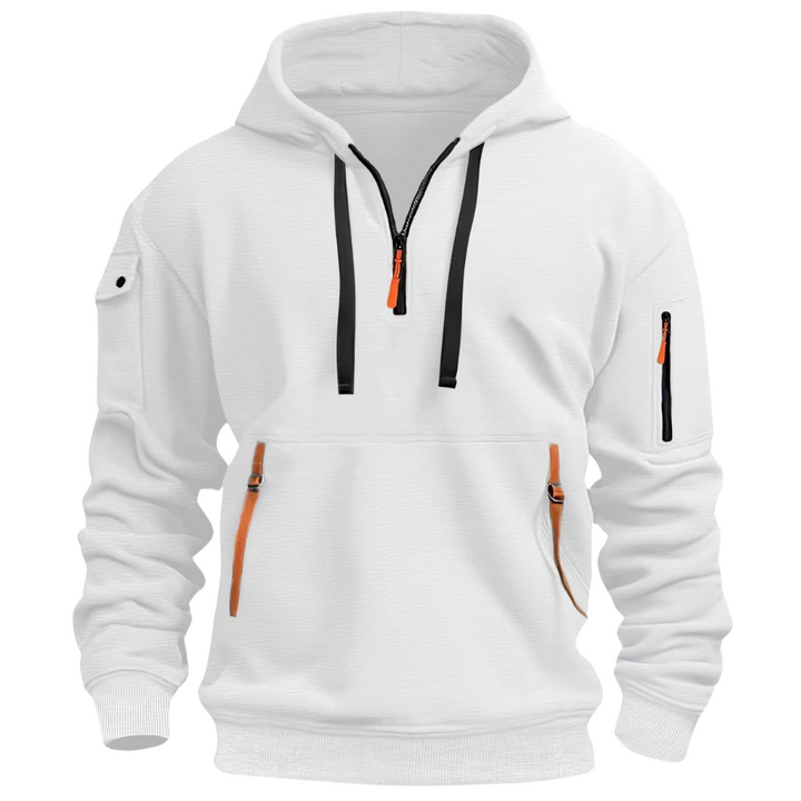 Felpa uomo con cappuccio, zip robusta e tasche funzionali, perfetta per comfort e stile in ogni stagione.